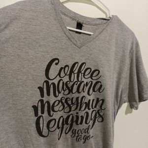 Tshirt coffee mascara messy bun and leggings